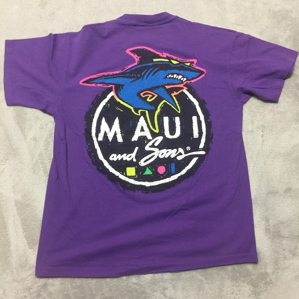 Vintage 90s Maui And Sons Shirt Mens XL Purple Shark Graphic Tee Single Stitch